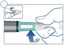 Medical illustration showing two hands removing the protective cap from a pre-filled syringe, with a blue arrow pointing to the left