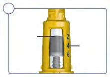 Yellow medical device with a lateral numerical scale 2 4 6 and a horizontal indicator pointing to the top of the inner gray cylinder