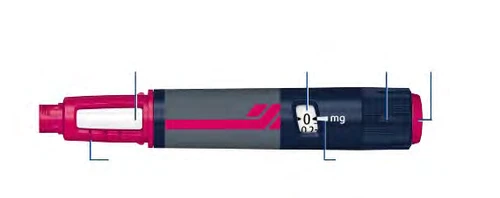 Horizontal medical device with a gray body and pink details, equipped with a digital display indicating 0.2 mg and blue reference lines