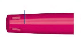 Graphical representation of a pink cylinder with a thin vertical blue line positioned near the top