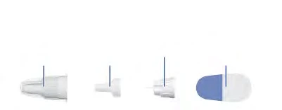 Sequence of four illustrations showing the disassembly of a medical device composed of a white body and a blue and transparent cap