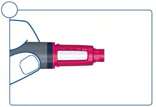 A hand holds a pen-shaped medical device with a gray body and pink grip and a central transparent window