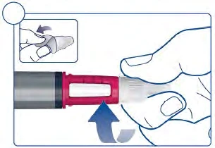 Two hands removing the transparent protective cap from a medical injection pen with a gray body and red grip
