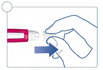 A hand holds a red and white medical device while a blue arrow indicates an insertion movement to the left