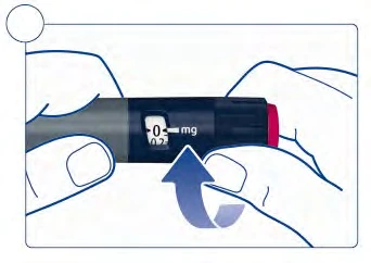 Two hands hold an injection pen with an indicator rotating downward to set the dosage to 0.2 mg