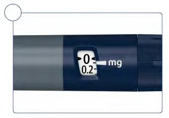 Detail of a medical device with a display showing a dose of 0.2 mg next to the label mg on a dark blue background