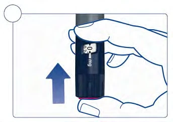 A hand holds a dark injection pen with a dosage indicator at 0.2 mg and a blue arrow pointing to the left