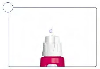 Detail of a white vial cap with a drop of transparent liquid falling from the tip on a white background