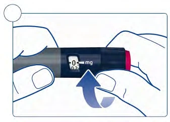 Two hands hold a cylindrical medical device with a display indicating 0 mg and a curved blue arrow pointing to the left
