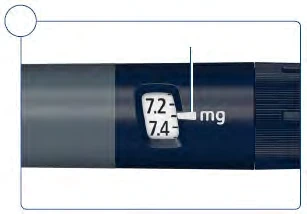 Close-up of a digital display on a medical device showing a dose of 7.2 mg with a white reference line