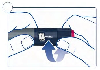 Two hands hold a medical device with a display indicating 5 mg and a blue arrow pointing to the left