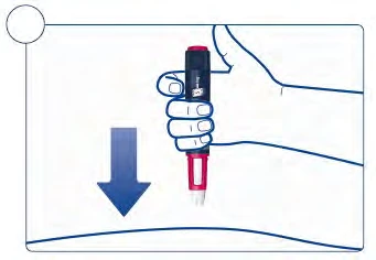 A hand holds a black and red injection pen and presses it downward onto the skin of the thigh following the direction of a blue arrow