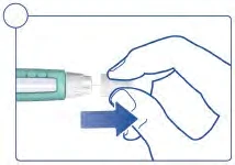 A hand holds a green and white medical device, pushing it forward to the right as indicated by a blue arrow