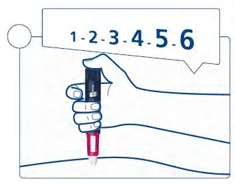 A hand holds a pen-shaped medical device vertically with a red tip above a curved surface with numbers 1 to 6 above