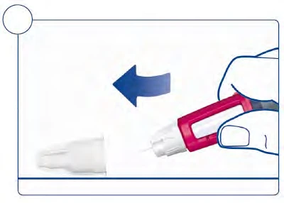 A hand holds a red and white medical device oriented to the left with a blue arrow indicating an insertion movement