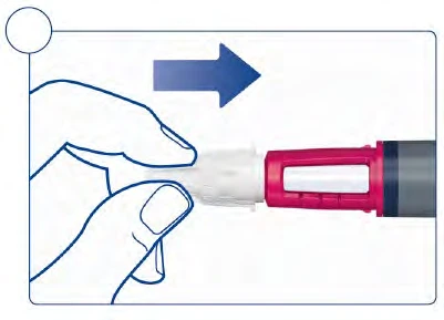 A hand holds a pink and white medical device while a blue arrow indicates a rightward sliding movement