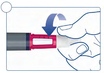 A hand holds an injection pen with a blue arrow indicating a downward pressure movement on the white terminal part