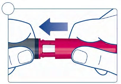 Two hands hold a pink and gray medical device and separate it laterally following the direction of a blue arrow pointing to the left