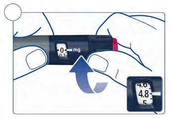 Two hands hold an injection pen with a display showing zero and an enlarged detail indicating a dosage of 4.8 mg
