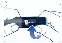 Two hands hold an injection pen with a display indicating 0 mg and a blue arrow pointing to the dosage counter