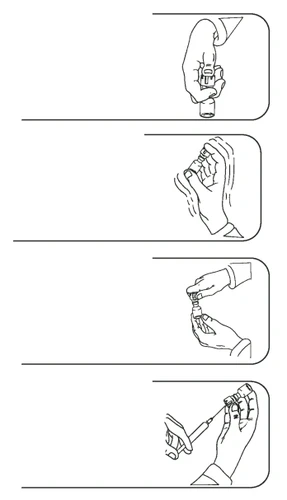 Sequenza di quattro disegni lineari che mostrano le mani che impugnano, scuotono e preparano un flaconcino medico con una siringa