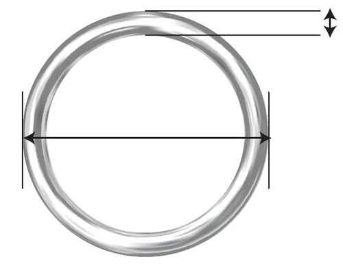 Diagramma di un anello metallico con frecce nere che indicano lo spessore della circonferenza e il diametro interno dell'oggetto
