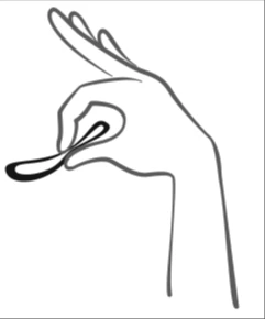 Disegno lineare di una mano che tiene tra pollice e indice una piccola pillola o compressa di forma ovale