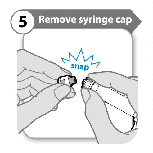 Two hands removing the cap from a syringe with a snapping motion indicated by the word snap and the number 5 in a white box