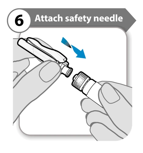Two hands attaching a safety needle to a medical device following the direction indicated by a blue arrow on a white background
