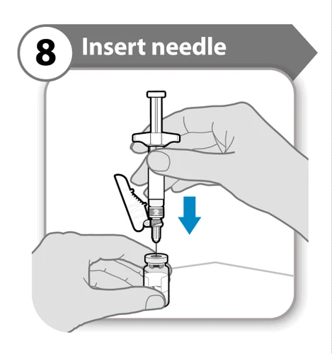 One hand holding a syringe and inserting it vertically into a glass vial following the direction of a downward blue arrow
