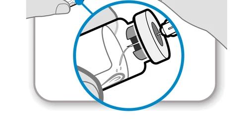 Technical illustration showing a needle penetrating the rubber stopper of a glass vial to withdraw the liquid inside