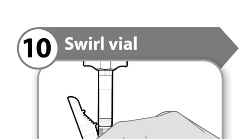 Medical illustration with the number 10 and the text Swirl vial showing a hand gently swirling a vial to mix its contents