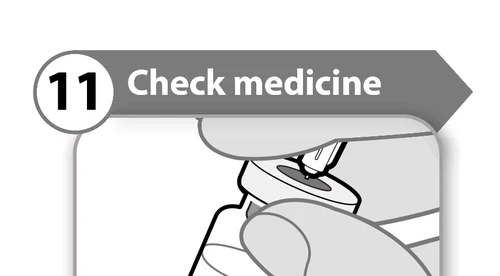 Black-and-white illustration with the number 11 and the text Check medicine showing hands holding an open medicine vial
