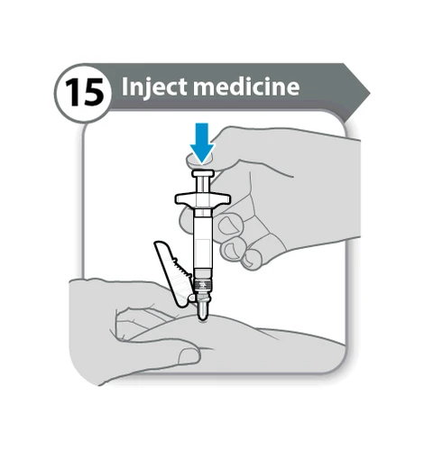 Medical illustration with number 15 and the text Inject medicine showing hands holding a syringe to inject medication into the skin