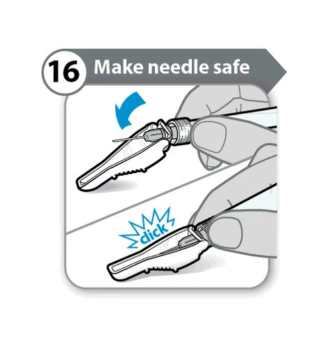 Illustration showing how to close the needle shield