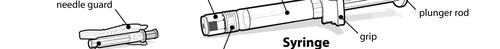 Technical diagram of a syringe with indications for needle shield, grip, plunger rod, and shield of the