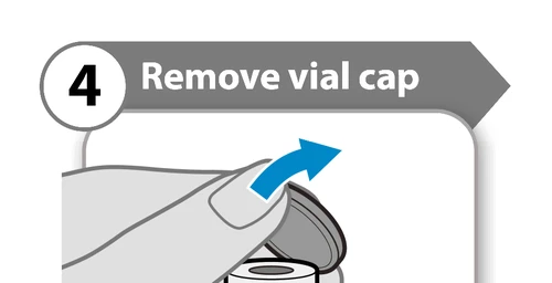 Illustration with the number 4 and the text Remove vial cap showing a hand lifting the cap off a vial with a blue arrow pointing upward