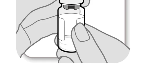Two hands holding and manipulating a vial with a gray cap to draw a medicinal liquid in a black-and-white technical drawing