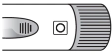 Disegno tecnico di un dispositivo medico bianco con un tasto circolare centrale e una sezione terminale con scanalature orizzontali parallele