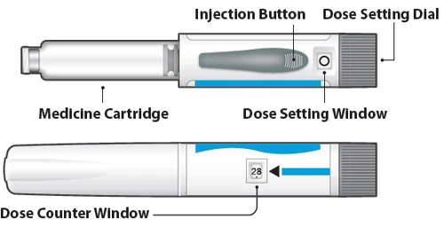 Diagramma di una penna iniettore con cartuccia del medicinale, pulsante di iniezione, finestra per impostazione dose e finestra del contatore dose