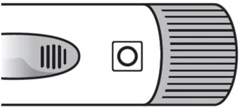Disegno tecnico di un dispositivo medico bianco con una finestra ovale a strisce verticali e un piccolo cerchio nero in un quadrato centrale