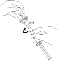 Two hands rotating and attaching the upper part of a cylindrical medical device onto a syringe barrel with a