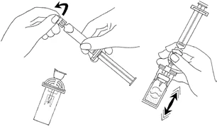 Technical illustration showing hands rotating the upper part of a syringe and the