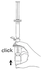 One hand holding a syringe with needle and a glass vial, with an arrow pointing toward the