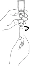Two hands holding a glass vial and a syringe, with a curved arrow indicating the rotational movement for the