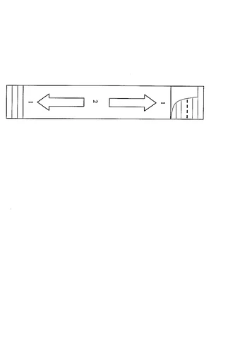 Diagramma schematico rettangolare con due frecce orizzontali che puntano in direzioni opposte e piccoli segni numerici e tratteggiati