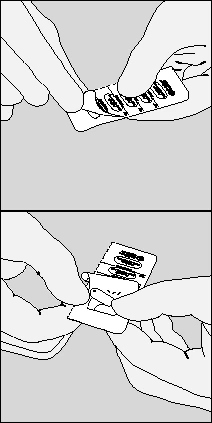 Two illustrations show hands carefully opening and separating a packaging strip for medical test strips against a gray background