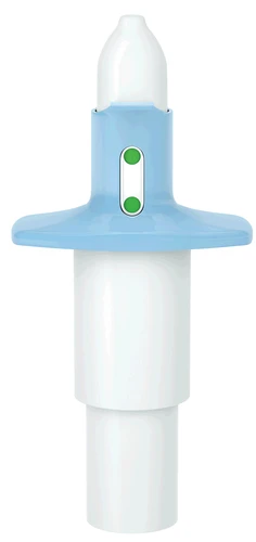 Medical injection device with a white cylindrical body and blue handle featuring two small vertical green circular indicators