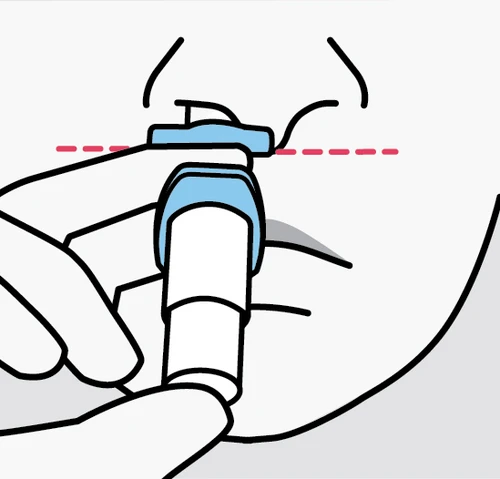 Schematic drawing of a hand holding a blue and white medical device positioned under the nose along a red dashed line