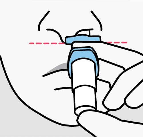 Stylized drawing of a hand holding a white and blue medical device against the profile of a face aligned with a red dashed line
